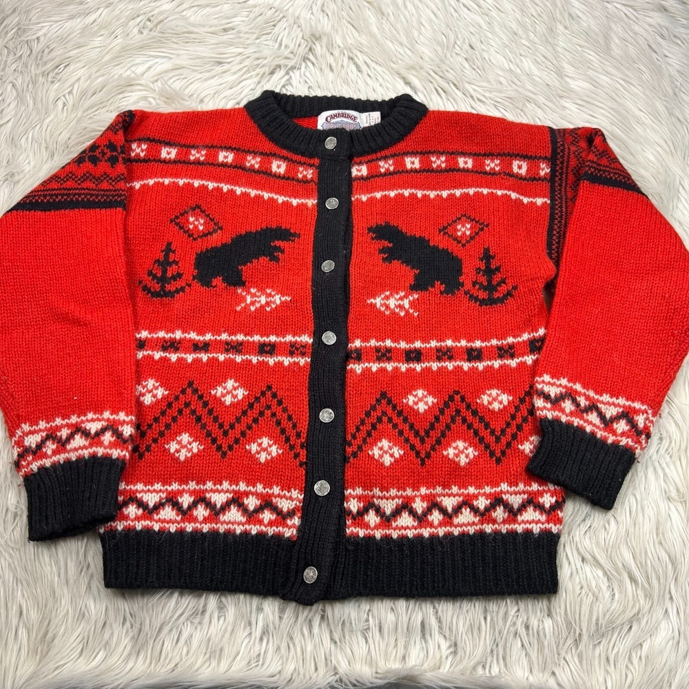 Vintage Cambridge Dry Goods Women's M Fair Isle Bear Button Cardigan Wool Red‎